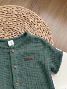 新生男婴可爱休闲纯色短袖连体衣和短裤套装，夏季 - 墨綠色 - 查看 6