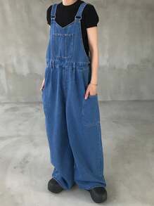 FRIFUL Quần yếm denim ống rộng, dáng rộng, có túi hai bên, có dây rút ở eo dành cho nữ - Màu xanh lam - Xem 3