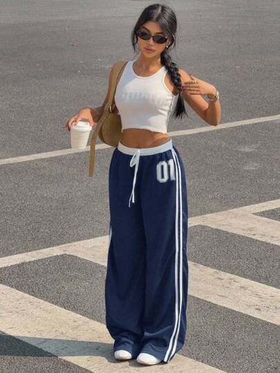 SHEIN EZwear 大码女式数字印花抽绳腰阔腿宽松休闲裤