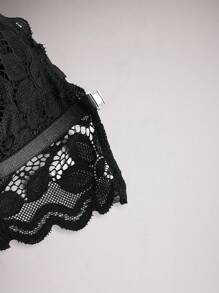 Front Closure Floral Lace Metal Chain Women Bralette Bra - Black - View 7