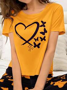 SHEIN 女士休闲蝴蝶和心形印花短袖睡衣上衣 - 黃色 - 查看 4