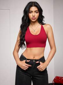 Solid Criss Cross Backless Bralet - Burgundy - View 3