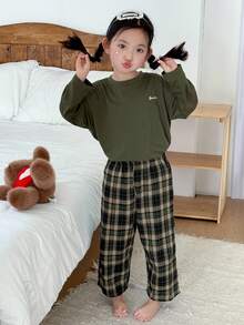 DAZY Conjunto de pijama de blusa de manga larga y pantalón a cuadros para niñas, otoño e invierno - Verde militar - Ver 2