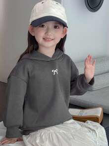 DAZY 女童连帽针织保暖蝴蝶印花长袖卫衣，秋季款 - 深灰色 - 查看 7
