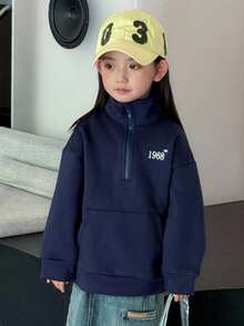 DAZY 女童针织抓绒印花卫衣，秋冬季 - 藏蓝色 - 查看 3