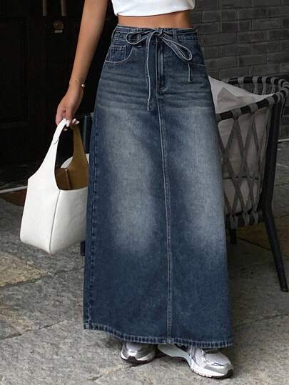 DAZY 女士腰带装饰直筒裙，休闲牛仔A字裙