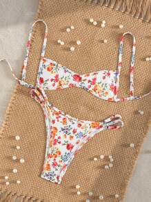 Swim Mod 2pcs Women Random Print Spaghetti Strap Criss-Cross Back Adjustable Side Bikini Set For Summer Beach Vacation - Multicolor - View 3