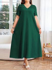 Lacomfia 女式 V 领短袖蕾丝拼布纹理提花面料优雅休闲大码连衣裙，夏季 - 綠色 - 查看 3