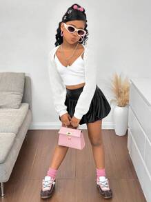 Tween Girl White Cropped Cardigan, Stylish & Fashionable, Suitable For Home, Street, Back To School And Other Occasions,In Fall/Winter - White - View 4