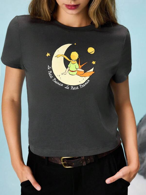 LE PETIT PRINCE X SHEIN Women's Letter & Cartoon Graphic Round Neck Short Sleeve T-Shirt