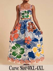 SHEIN VCAY Set da donna taglie forti composto da top a canotta con stampa tropicale colorata abbinato a gonna lunga e ampia a maxi per l'estate, 2 pezzi - Multicolore - Visualizzare 6