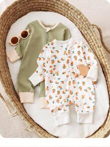 SHEIN 2pcs Newborn Baby Girl Casual Knit Elastic Splice Color Long Sleeve Jumpsuit Fall Clothes Set - Multicolor - View 1
