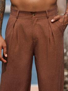 Manfinity Homme Quần ống đứng xếp ly rộng rãi màu trơn thường ngày cho nam - Cà phê nâu - Xem 3