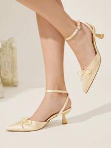 CUCCOO CHICEST 女士尖头缎带蝴蝶结细高跟中跟鞋，舒适浪漫优雅甜美浅粉色正装鞋，适合约会、下午茶、办公室、花园派对 - 香檳色 - 查看 3