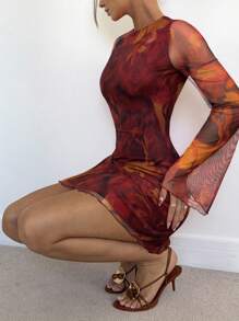 Siren Gaze 女式花卉印花露背秋季迷你连衣裙焦橙色连衣裙铁锈色连衣裙透视连衣裙网眼连衣裙露背连衣裙 - 彩色 - 查看 5