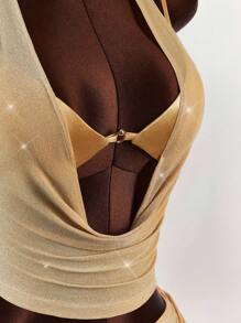 Y2K Amplova Women's Gold Solid Color Shiny Spaghetti Strap Cropped Camisole And Pleated Bodycon Mini Skirt Sexy 2-Piece Set Gold Two Piece Set. ,Ideal For School And Club. Glitter Two Piece Set - Champagne - View 10