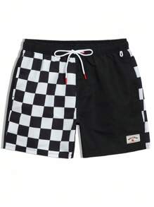 Zalmeno 男士字母和棋盘格印花抽绳腰沙滩短裤 - 黑色 - 查看 3