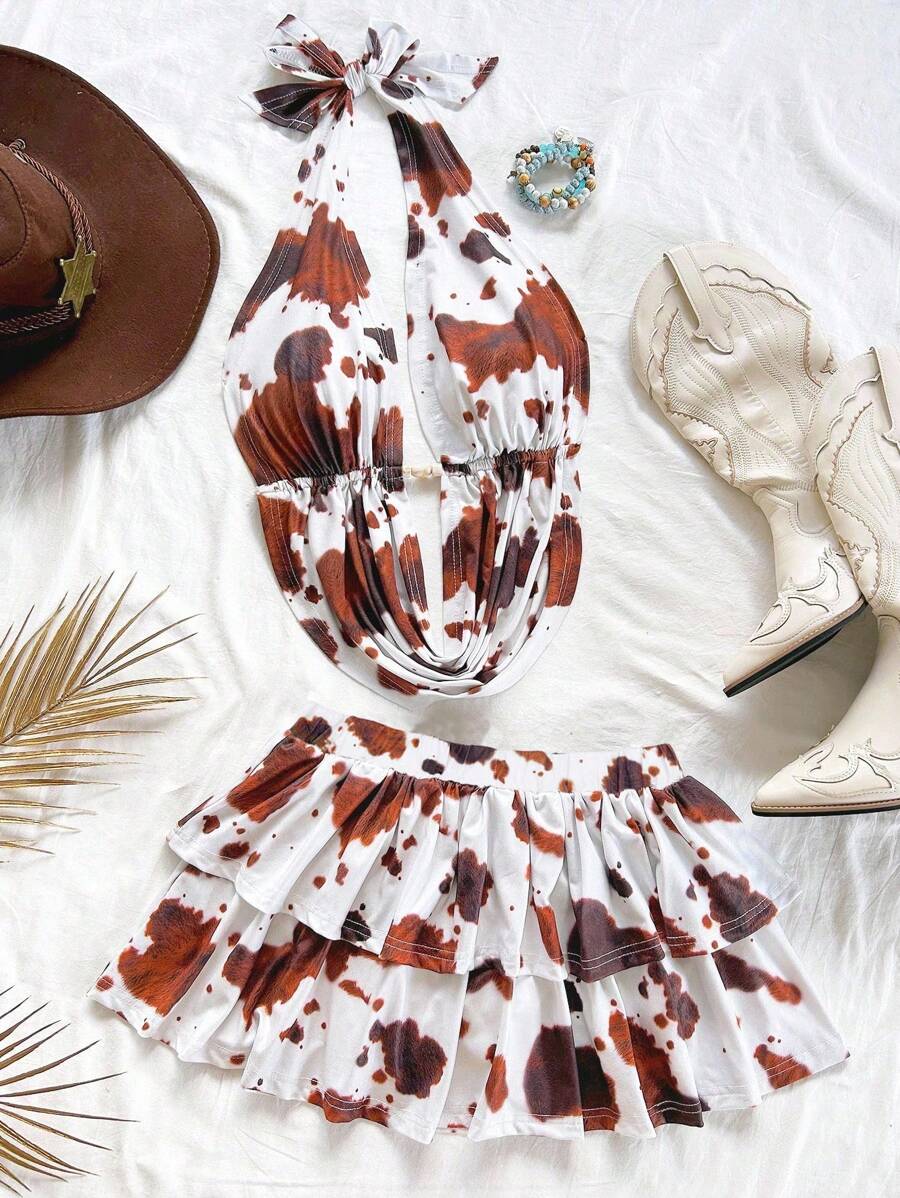 Soleia 2 件女士镂空 V 领露背短款上衣和迷你裙套装，纹理针织春夏假期，约会，下午茶，度假，音乐节，波西米亚风格 - 棕色 - 查看 1