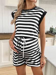 SHEIN Maternity Summer Casual Striped Romper - Black and White - View 5