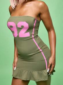 SUMWON WOMEN 风格荷叶边下摆迷你连衣裙，带有数字 92 标志，复古学院风露肩修身俱乐部夜场派对街头服饰秋冬连衣裙 - 綠色 - 查看 1