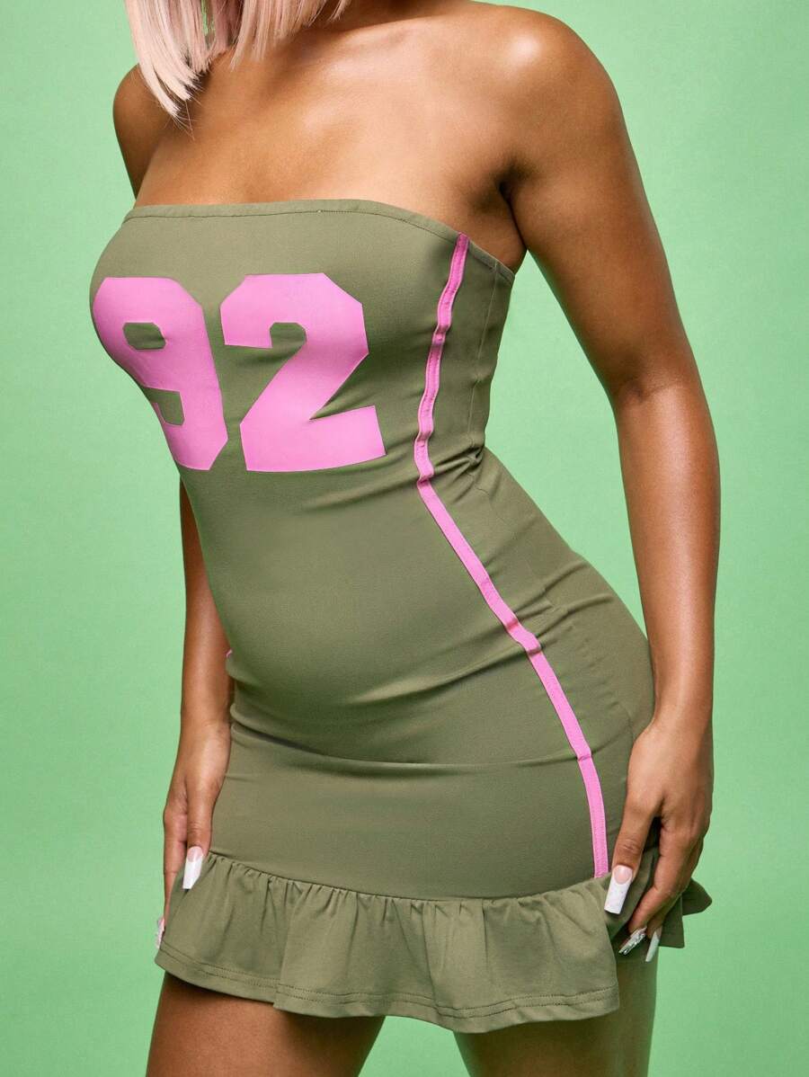 SUMWON WOMEN 风格荷叶边下摆迷你连衣裙，带有数字 92 标志，复古学院风露肩修身俱乐部夜场派对街头服饰秋冬连衣裙 - 綠色 - 查看 1