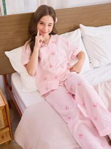 粉色心形条纹荷叶边领短袖和裤子女童睡衣套装 - 淺粉色 - 查看 2