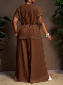 Veslaya 2025 Frühling/Sommer Neue Lässig Bürooutfits für Frauen, Business Lässlich, Ausgehen, Date Night, Arbeitskleidung, Old Money Stil, Schulanfang, Europäischer Sommerstil in Stockholm, Lehreroutlooks - Elegant, Verfeinert, Geeignet für Partys, Geburtstage, Pendeln, Grundlegende Einfarbig Beige Strukturierter Stoff Tiefer V-Ausschnitt Lockerer Taillengürtel Kurzarm Top und Hose 2 Stücke Set, Große Größen