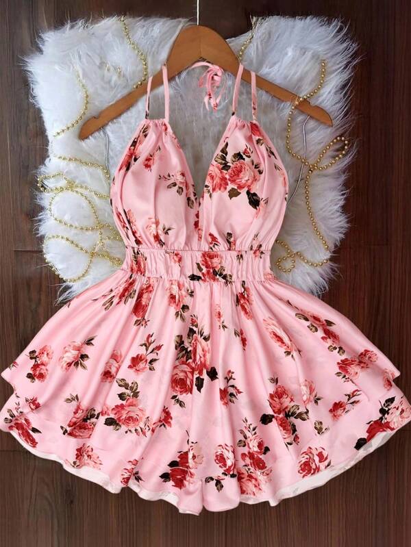 Flirla Mono sin espalda con estampado floral para vacaciones, con doble bajo, para mujer de talla grande