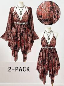 Flirla 节日、波西米亚风、嬉皮士风、牛仔装、新设计感老钱风、西部风、度假风、性感透视V领细肩带修身雪纺连衣裙，搭配长喇叭袖耸肩两件套西部风情装、夏季女装 - 彩色 - 查看 1