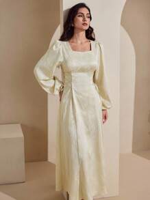 Graceveil Vestido amarillo claro con cuello cuadrado, tela de jacquard texturizada, cintura ceñida y falda acampanada para mujeres, ropa de otoño para mujeres - Butter Yellow - Ver 5
