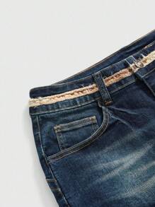 ROMWE Hippie Women's Y2K Retro Hippie Vacation Style Cow Print Beaded Embroidery Mini Denim Shorts