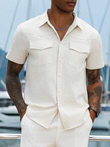 Manfinity Homme Áo sơ mi nam tay ngắn màu trơn có túi cài nút phía trước, áo sơ mi nam mùa hè, áo sơ mi nam mùa hè màu kem cài nút áo sơ mi nam đi biển - Màu be - Xem 5