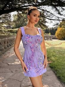 Glamine 彩虹色亮片系带露背优雅女式连衣裙 - 淡紫色 - 查看 6