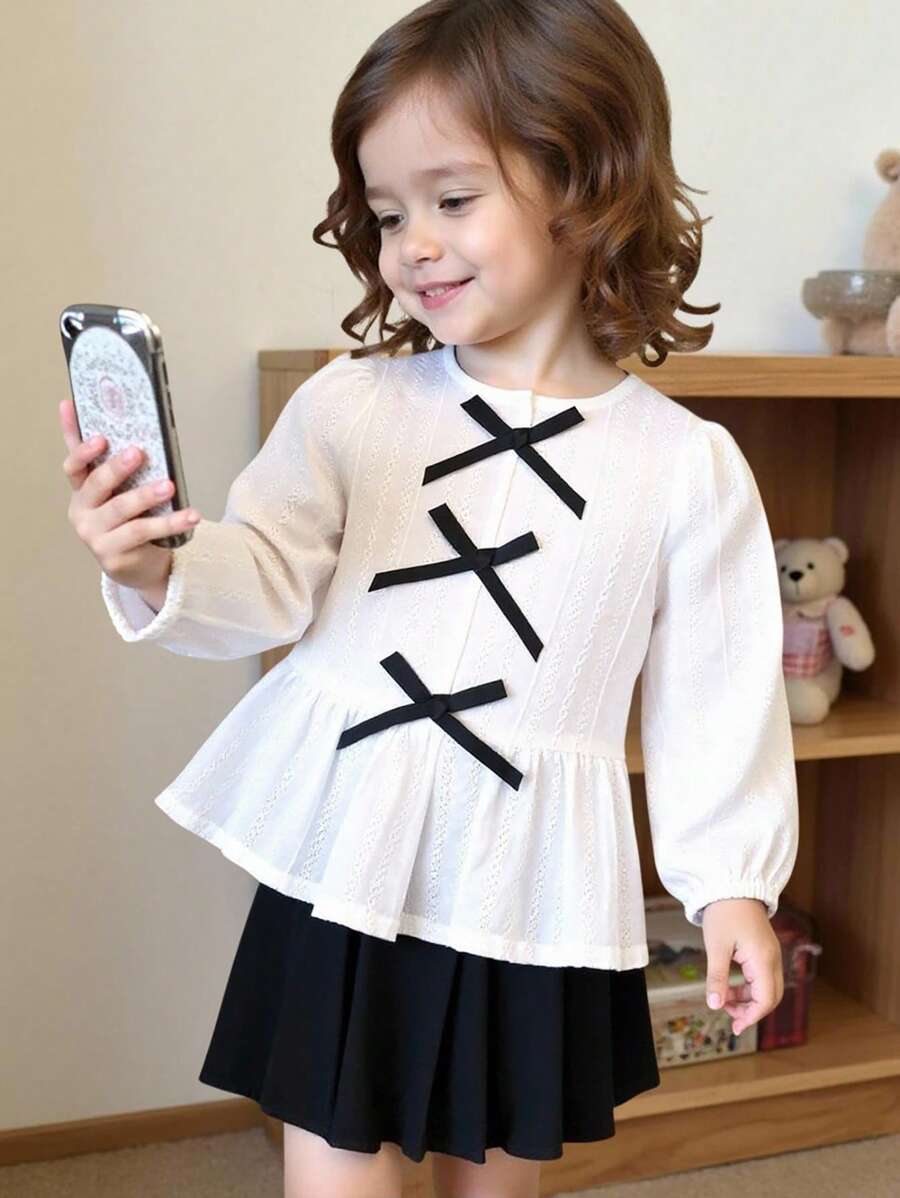Young Girls' Elegant Embroidered Floral Lace Trim Blouse,White,Autumn,Family Matching Vintage Cute Shirt For School Uniform,Back To School Clothes - Black and White - View 1