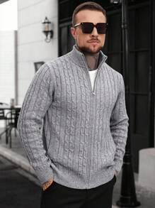 Manfinity CasualCool Men's Autumn/Winter Cable Knit Zip-Up Cardigan With Pockets, Long Sleeve Top