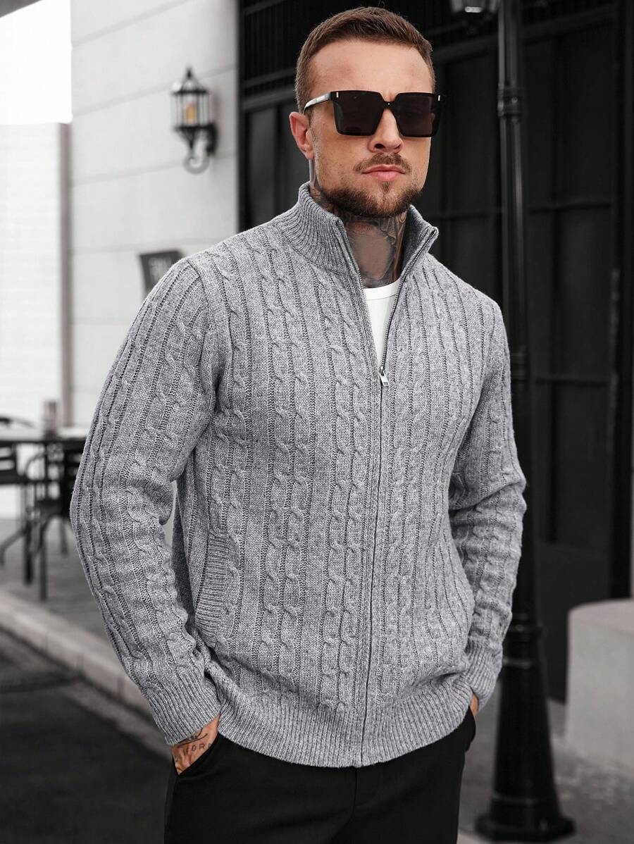 Manfinity CasualCool Men's Autumn/Winter Cable Knit Zip-Up Cardigan With Pockets, Long Sleeve Top