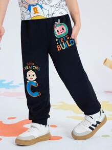 CoComelon X SHEIN 2pcs/Set Young Boy Letter & Cartoon Figure Graphic Drawstring Sports Pants, Autumn/Winter - Multicolor - View 2