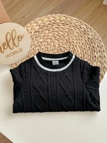 男婴/女婴可爱休闲百搭菱形格子拼接领长袖连体衣，白色，适合春、秋、冬；黑色男婴连体衣；黑色长袖连体衣；男婴麻花针织连体衣 - 黑色 - 查看 6