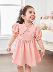Robe ajustée à manches bouffantes de couleur unie pour bébé fille - Rose bonbon - Voir 3