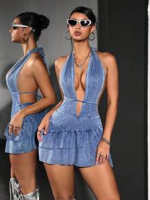 SHEIN PETITE 女式性感深V领荷叶边下摆露背牛仔连衣裙 - 藍色 - 查看 4