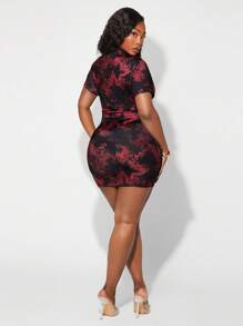 Radiana 女士性感优雅黑红中式迷你旗袍连衣裙，龙纹紧身旗袍，深 V 领镂空短袖，适合约会、聚会、生日、新年、节日、派对 - 彩色 - 查看 4