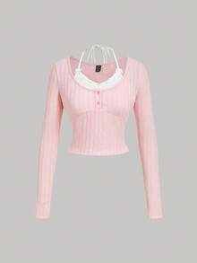 SHEIN MOD Áo thun dài tay màu hồng phối màu tương phản thường ngày dành cho nữ, Áo dễ thương, Áo kiểu học sinh, Áo dễ thương cho nữ, Áo viền ren, Áo có gân - Hồng - Xem 3