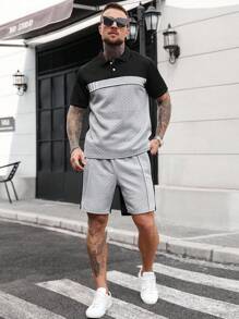Manfinity CasualCool Men's Premium Grey Jacquard Wheat Texture Polo Shirt And Shorts Set,2 Pieces Casual Streetwear Summer Outfit For City Break,Minimalist Daily Wear - Multicolor - View 3