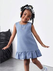 小女孩蓝色牛仔无袖短款荷叶边连衣裙，女童春夏休闲度假乡村波西米亚风装，女童沙滩装，女童西部街头装，春假装，狂欢装节日牛仔连衣裙 - 淺色水洗藍 - 查看 1