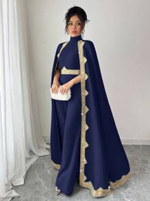 Chiquease 女士优雅亮片缎带装饰连体裤，适合大学派对穿着 - 藏蓝色 - 查看 5