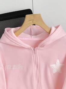 INAWLY 女士春秋季字母五角星印花落肩长袖拉链门襟休闲连帽卫衣，毕业季、教师节、返校季套头衫 - 粉色 - 查看 6