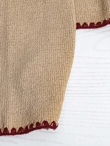 EMERY ROSE Plus Size Women's Contrast Color Knitted Round Neck Embroidered Splice Long Sleeve Casual Cardigan, Autumn/Winter