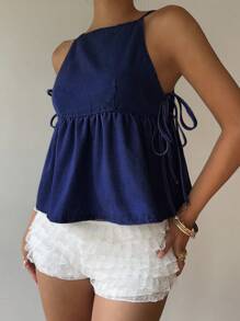 Siren Gaze 女式系腰荷叶边下摆吊带牛仔上衣 - 深色水洗藍 - 查看 5