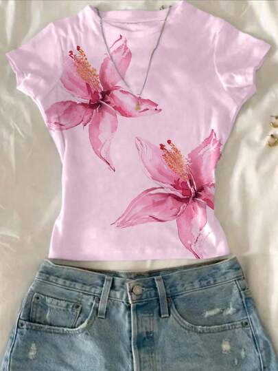 Attitoon Women's Crew Neck Short Sleeve Fitted T-Shirt, Suitable For Summer Suitable For Going Out Floral Top Girly Tops Cute Tops
