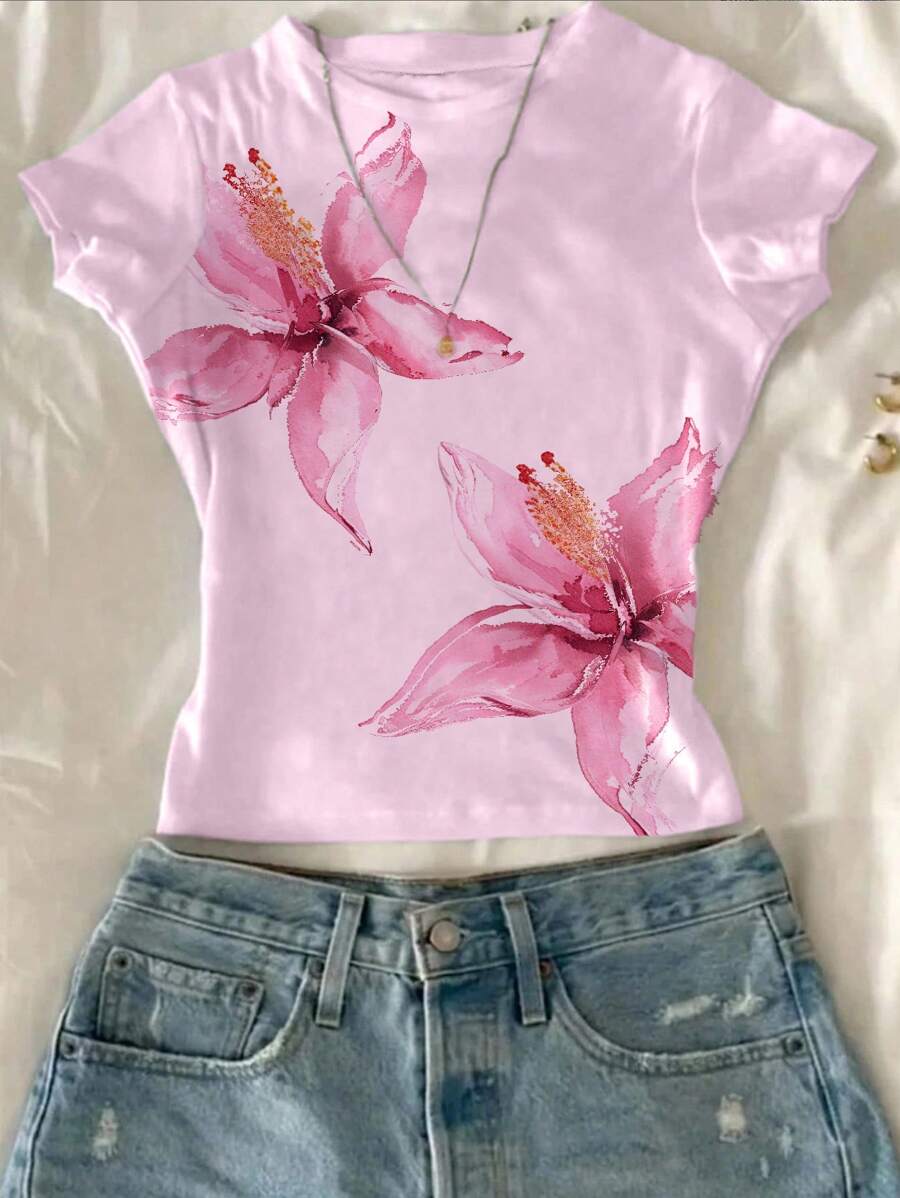 Attitoon T-shirt ajusté à col rond et manches courtes pour femmes, motif floral rose, convient pour l'été - Blanc - Voir 1